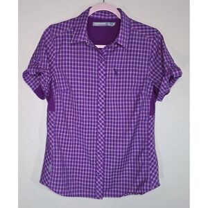 Icebreaker Merino Wool Plaid Short Sleeve Button Shirt Purple Hiking Outdoor...
